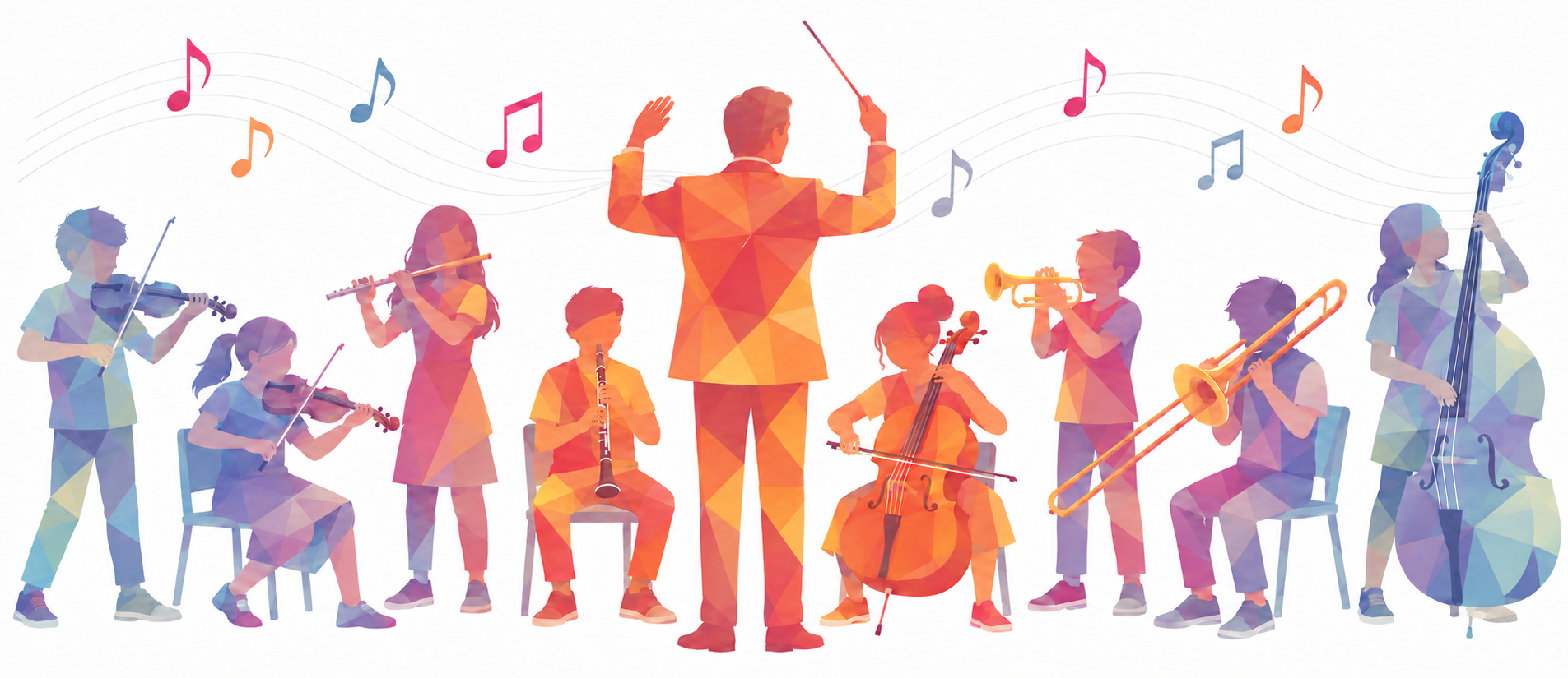Colourful illustration of a student orchestra performing